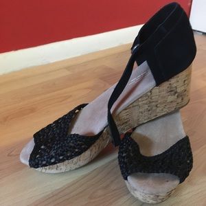 Toms Women's Platform Wedge Black Satin